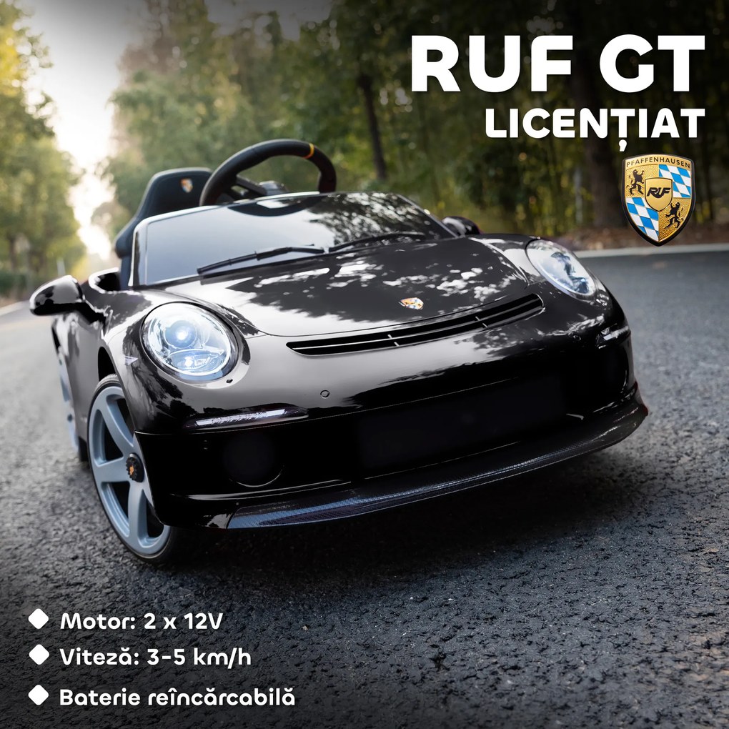 AIYAPLAY Mașină pentru Copii 3-5 Ani cu Licență Oficială RUF GT, Telecomandă, Centură de Siguranță și Muzică, Negru | Aosom Romania