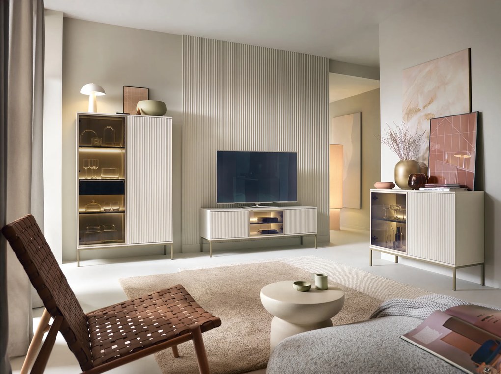 Set Living Premium ~Elysée~ 3 piese, fronturi MDF cashmere, iluminare LED, sistem push-to-open, picioare auriu satinat