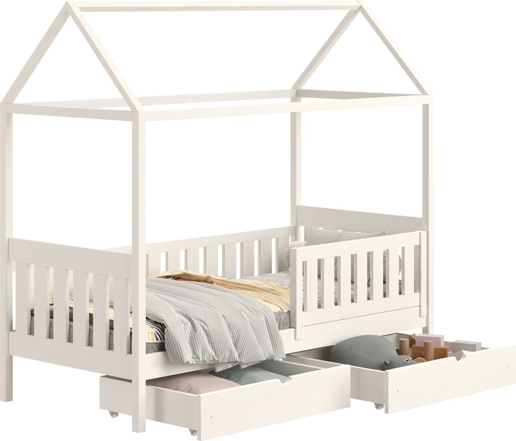 Pat supraetajat tip căsuță Nemos II pentru copii 80x180 cu sertare - culoare alb
