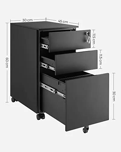 Corp mobil de birou / rollbox cu 3 sertare si cheie, 45 x 30 x 60 cm, metal, negru, Songmics