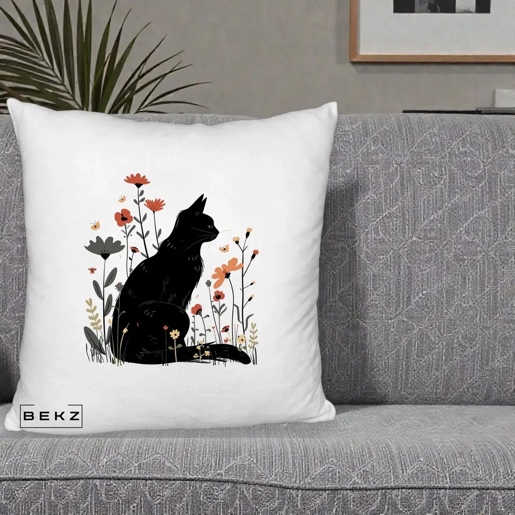 Perna Decorativa Pisica Neagra Profil Flori Portocalii, 40x40 cm, Alb Pufos, Husa Detasabila, Perna Inclusa, BEKZ®