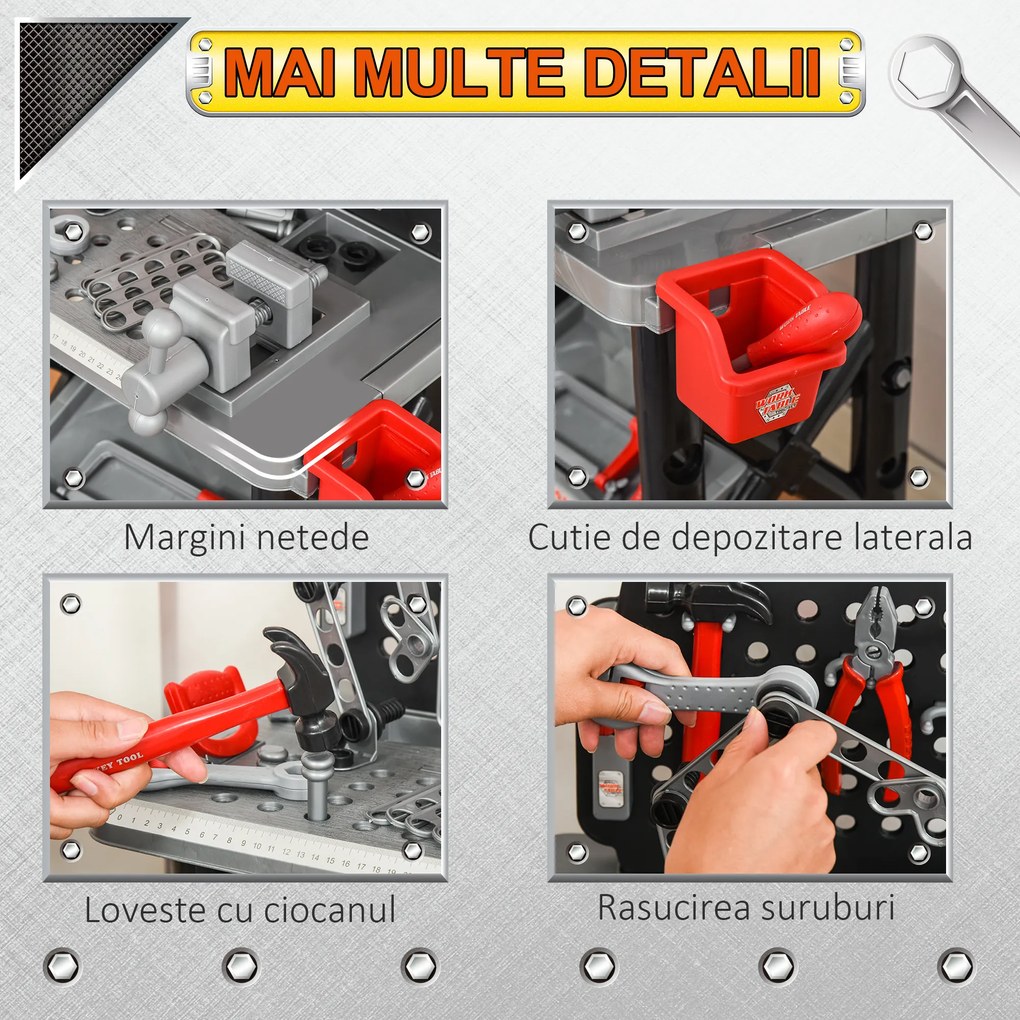 HOMCOM Banc de Lucru Jucarie cu 50 Accesorii, Unelte pentru Copii 3-6 Ani cu Bormasina cu Baterie, Negru Gri