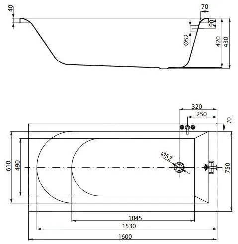 Cada baie dreptunghiulara 160x75 cm, alba, din acril, cu picioare reglabile, Cersanit City