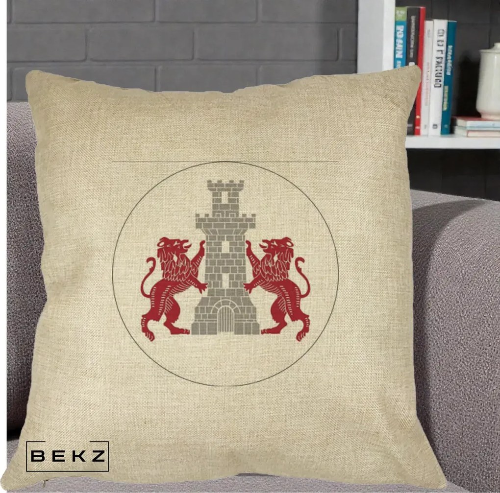 Perna Personalizata Cetatea Turnu Magurele Heraldic, 40x40 cm, Crem, Husa Detasabila, Perna Inclusa, BEKZ®
