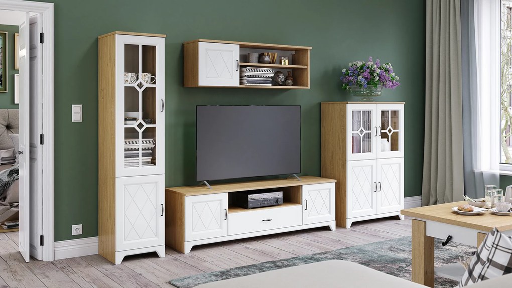 Mazzoni Mobilier dulap de perete PROVENZA Stejar Piatră/Alb Mat - COMODĂ MARE TV COMODĂ CU VITRINĂ ȘI RAFTURI PENTRU LIVING RETRO