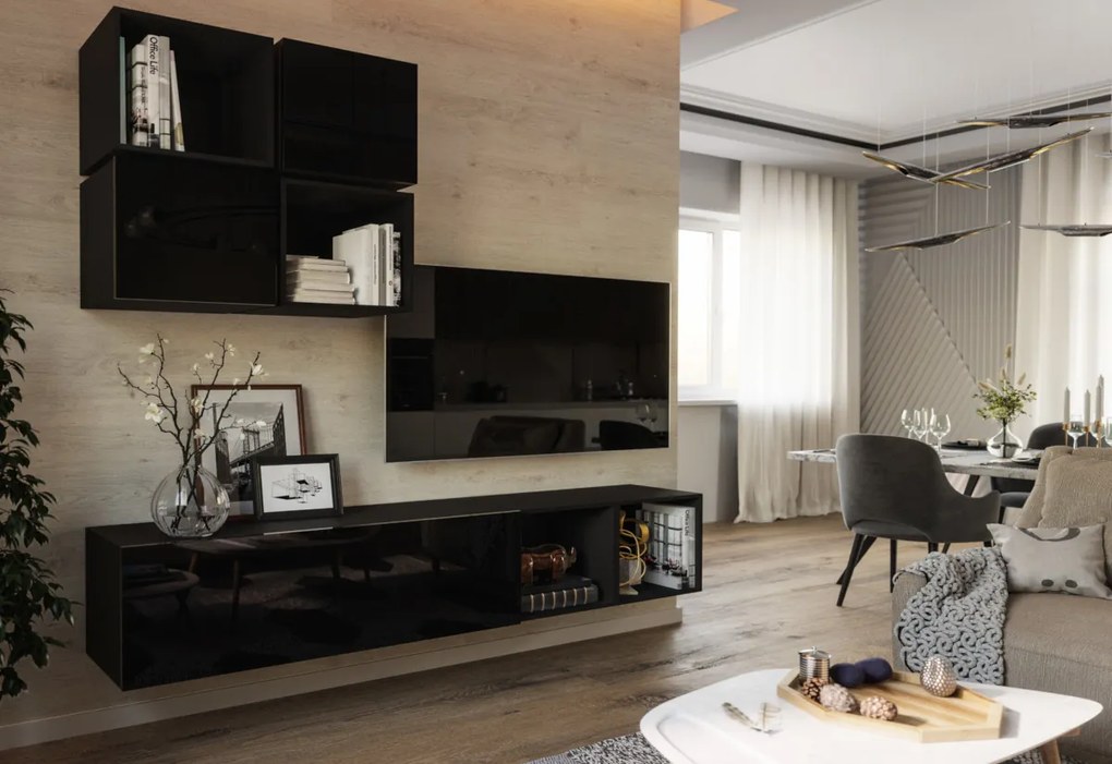 Expedo Set mobilier ELPASO 43 + LED iluminat, negru/negru luciu
