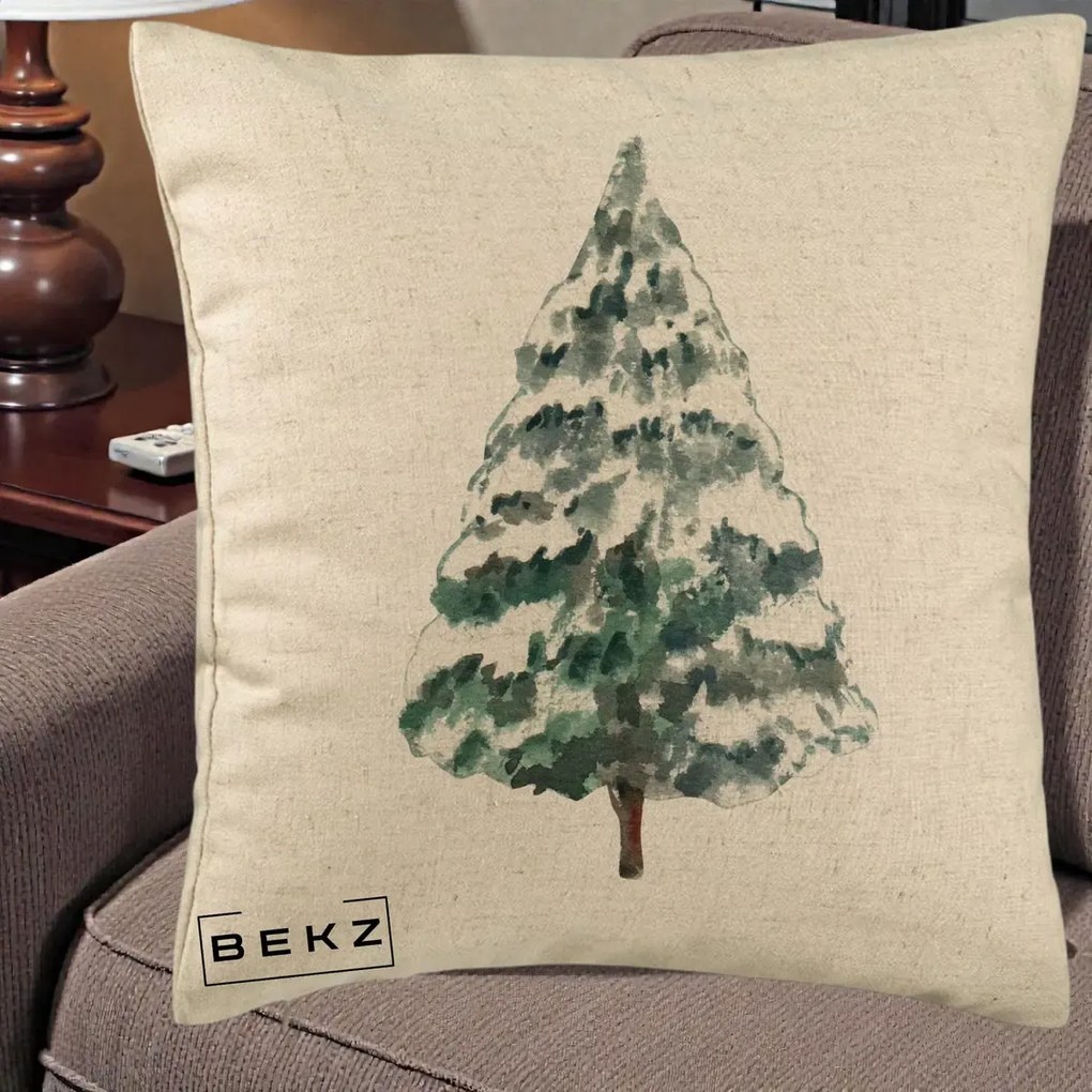 Perna Decorativa cu tematica de Craciun, Brad 2, 40x40 cm, Bej, Husa Detasabila, Perna Inclusa, BEKZ®