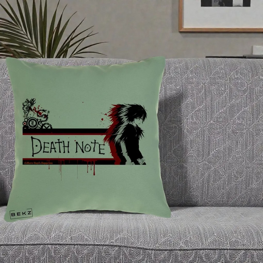 Perna Personalizata Death Note L Lawliet Rosu-Negru, 40x40 cm, Verde, Husa Detasabila, Perna Inclusa, BEKZ®
