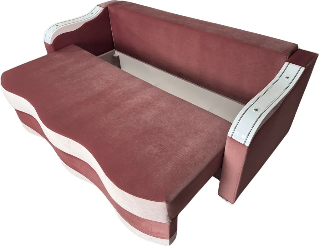Canapea DIANA extensibila, 3 locuri, cu lada de depozitare, catifea crem cu roz, 220x100x85 Roz + Crem, Catifea