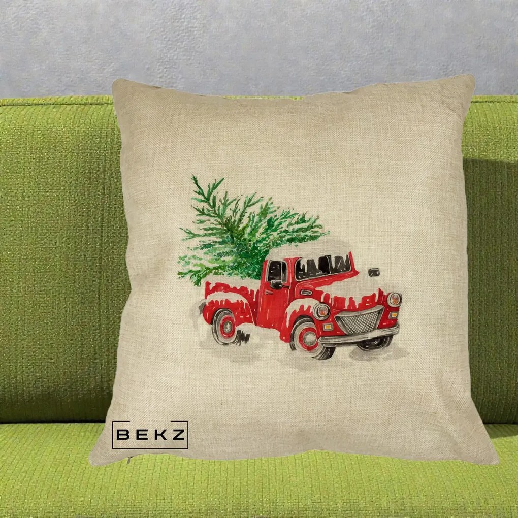 Perna Decorativa Camioneta Rosie Brad de Craciun, 40x40 cm, Crem, Husa Detasabila, Perna Inclusa, BEKZ®