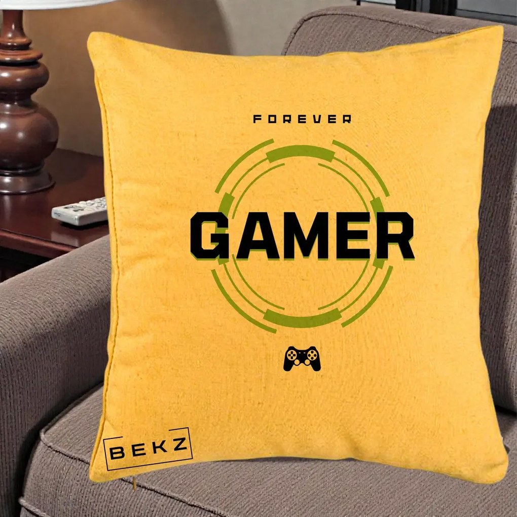 Perna Personalizata Forever Gamer, 40x40 cm, Galben, Husa Detasabila, Perna Inclusa, BEKZ®