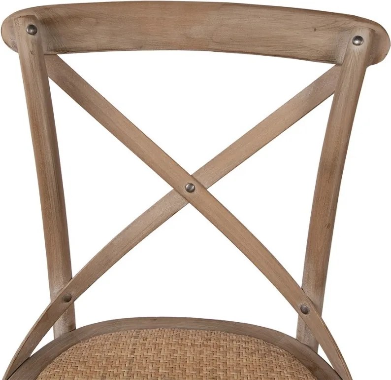 Scaun dining din lemn masiv și răchită, maro, cu spătar în X prins în șuruburi și șezut împletit, finisaj natur, 88 x 42 x 44 cm, „Odile”