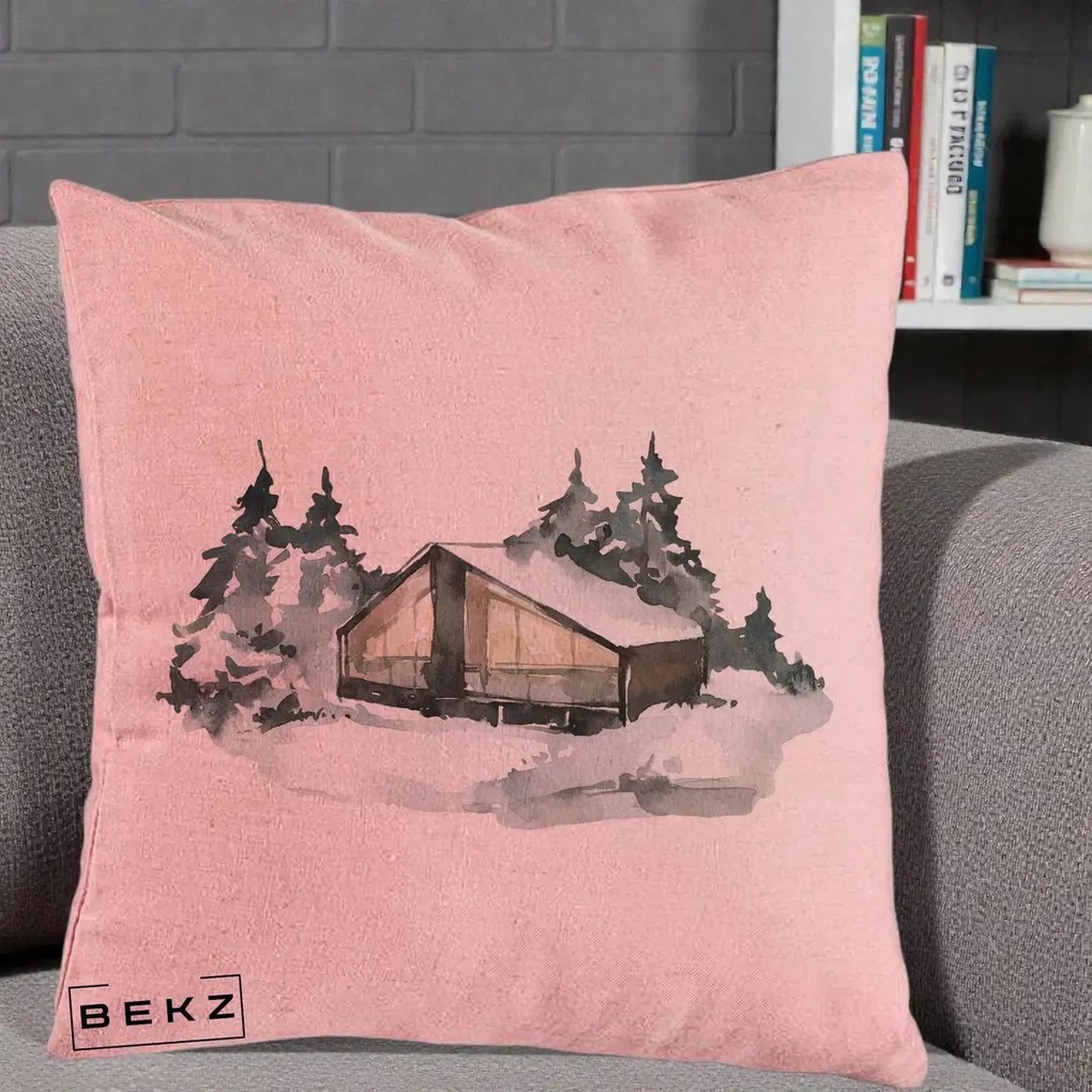 Perna Decorativa Cabana de Iarna in Padure, 40x40 cm, Roz, Husa Detasabila, Perna Inclusa, BEKZ®