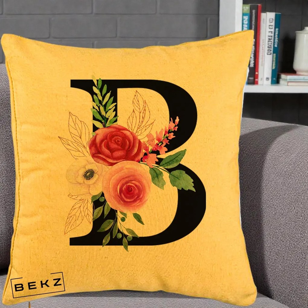 Cadou Personalizat - Perna Personalizata Monograma Florala Litera B, 40x40 cm, Galben, Husa Detasabila, Perna Inclusa, BEKZ®