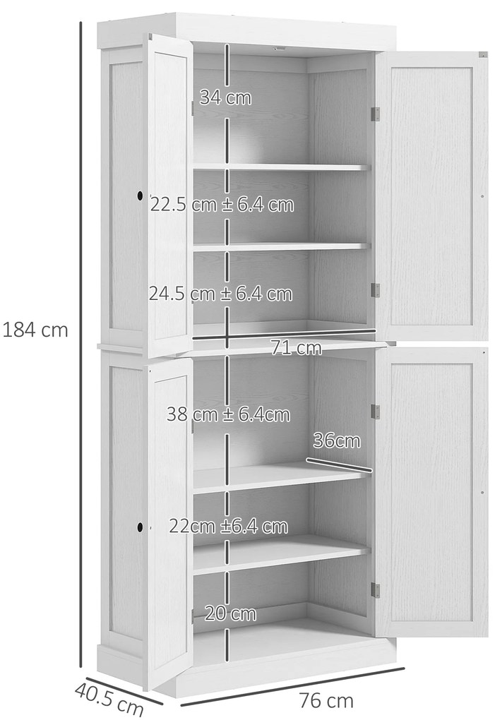 HOMCOM Dulap Înalt de Bucătărie cu 6 Rafturi și 2 Uși, Dulap cu Rafturi Reglabile din Lemn, 76x40,5x184 cm, Alb | Aosom Romania