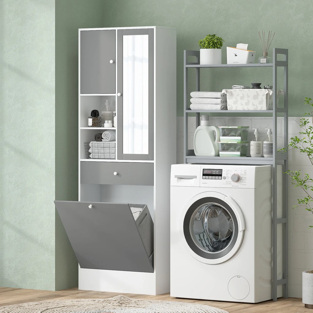 HOMCOM Mobila de baie cu cos de rufe si oglinda raft ajustabil 62 x 28,3 x 181 cm gri si alb | Aosom Romania