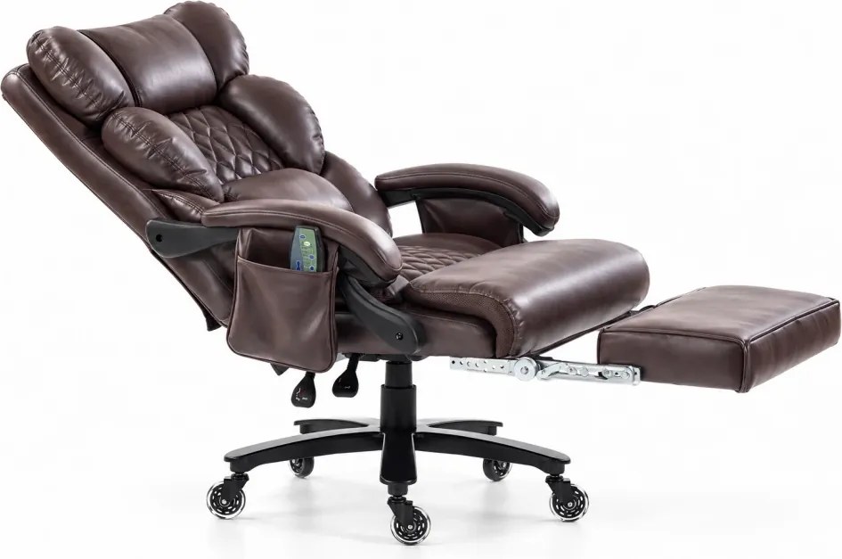 Aurelio Relax — Scaun directorial tip fotoliu, Masaj în 8 puncte, Încălzire, Reclinare 90°–155°, Suport pentru picioare, Cotiere capitonate, Piele ecologică PU, Maro