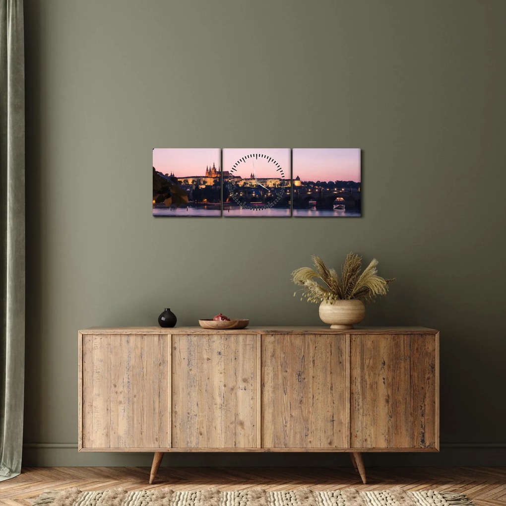 Tablou cu palatul din Praga și Vltava (cu ceas) (90x30 cm)