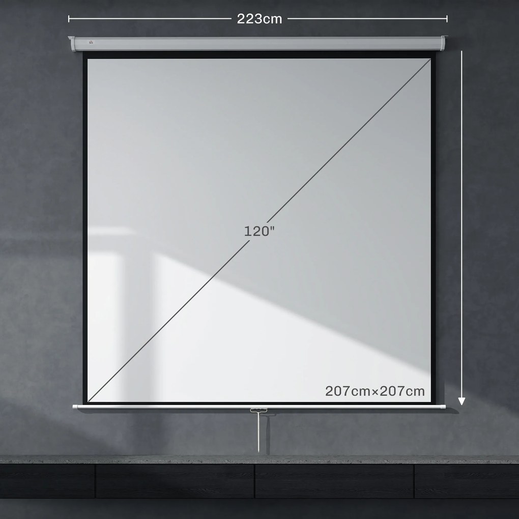 HOMCOM Ecran de Proiecție 120 Inch Format 1:1, Ecran Rulabil cu Unghi de 160° și Montare pe Tavan sau Perete, 223x8x223 cm, Alb | Aosom Romania