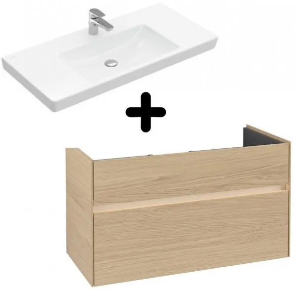Set mobilier 95.4cm Villeroy&Boch Collaro Nordic Oak, cu lavoar Subway 2.0, C011L0VJ+7175A101