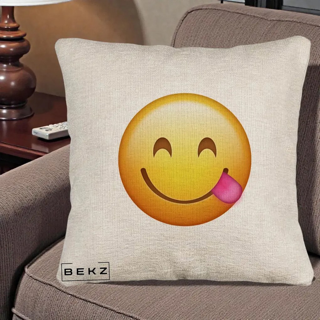 Perna Decorativa Emoji Limba Scoasa, 40x40 cm, Bej Canapea, Husa Detasabila, Perna Inclusa, BEKZ®