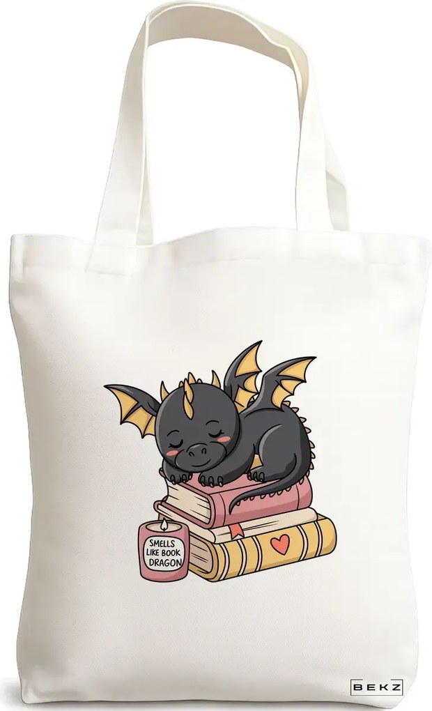 Sacosa de Panza pentru Cumparaturi, Geanta Tote, model Smells like book dragon 38 x 34.5 cm, Alba, BEKZ®