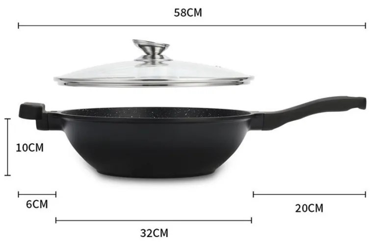 Tigaie wok Royalty Line RL-BW32M, 32 cm, 3.7 L, Acoperire marmura, Inductie, Manere moi, Negru