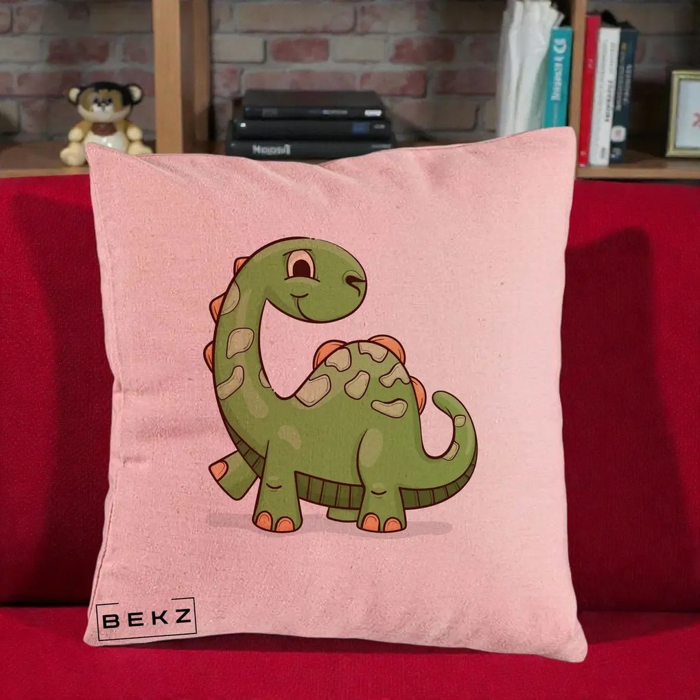 Perna Decorativa Brontosaur Verde Simpatic, 40x40 cm, Roz, Husa Detasabila, Perna Inclusa, BEKZ®