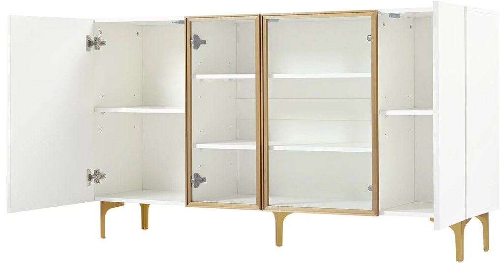 Comodă cu 4 uși, sticlă & metal, mult spațiu de depozitare, 150x38x85 cm, Alb