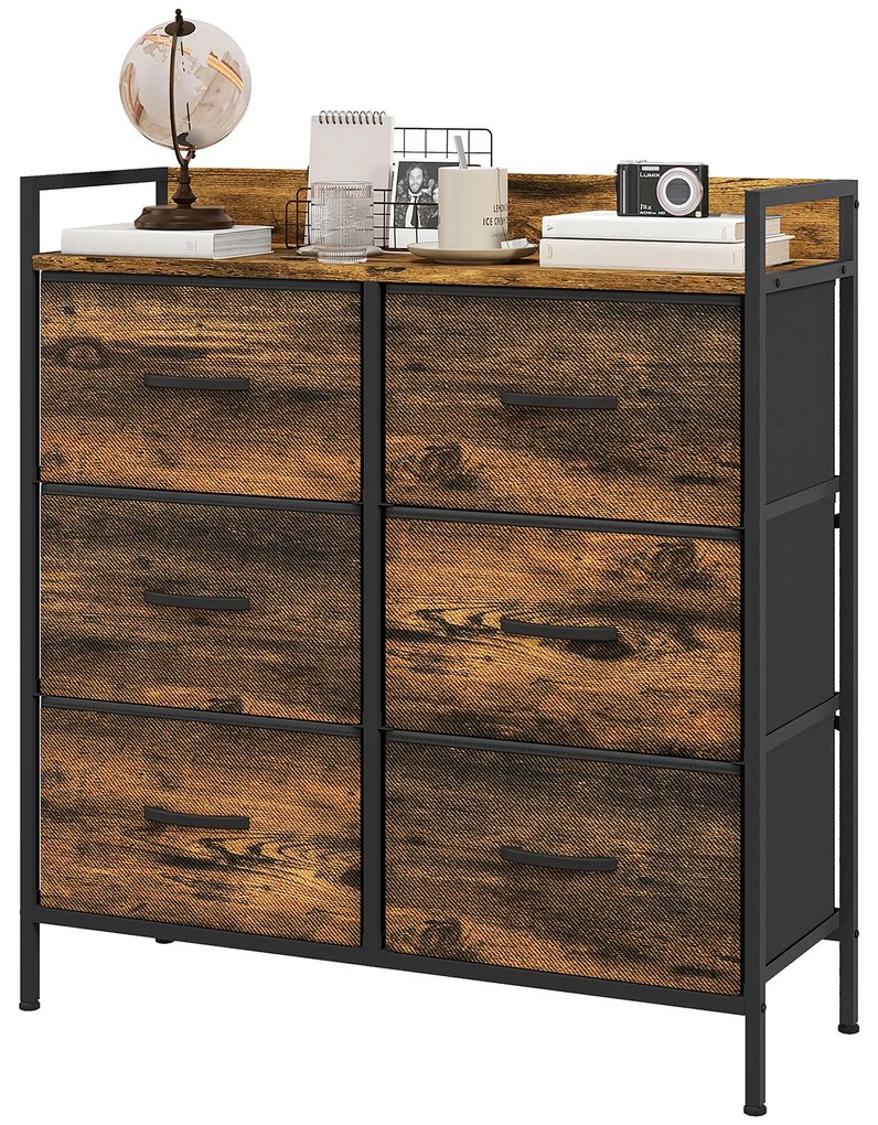 HOMCOM Comodă, corp de depozitare pentru dormitor 6 sertare țesătură nețesută cadru din oțel, 79 x 29 x 85 cm, efect lemn mahon | Aosom Romania