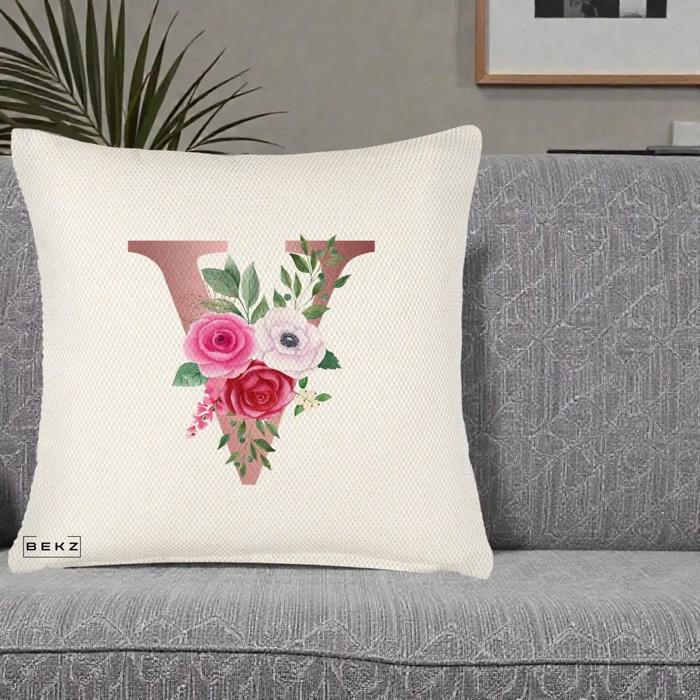 Cadou Personalizat - Perna Personalizata Monograma Rose Gold Litera V, 40x40 cm, Crem Reliefat, Husa Detasabila, Perna Inclusa, BEKZ®