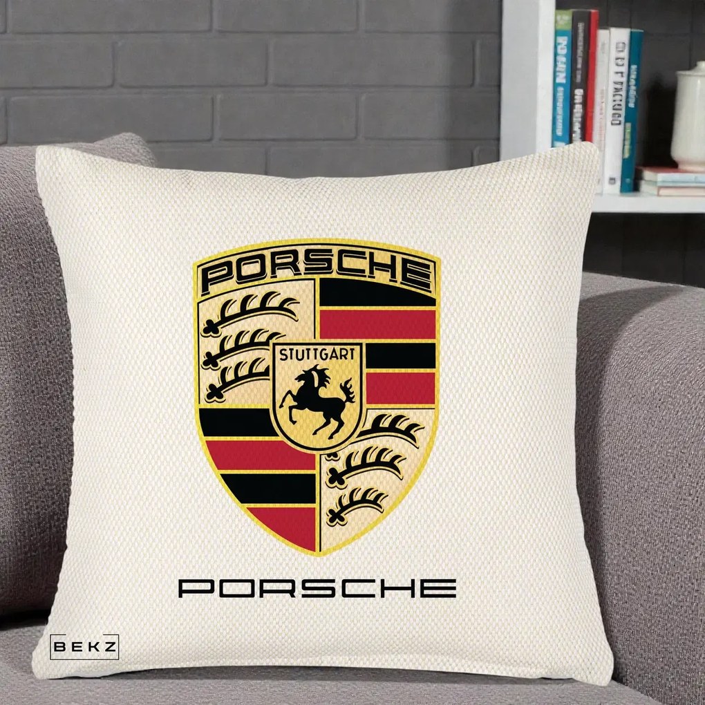 Perna Personalizata Porsche Stuttgart, 40x40 cm, Crem Reliefat, Husa Detasabila, Perna Inclusa, BEKZ®