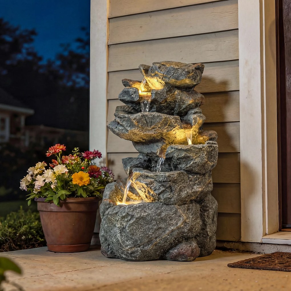 Outsunny Fântână de exterior cu design de rocă în 6 niveluri, cascadă de apă cu lumini LED, debit reglabil, gri | Aosom Romania