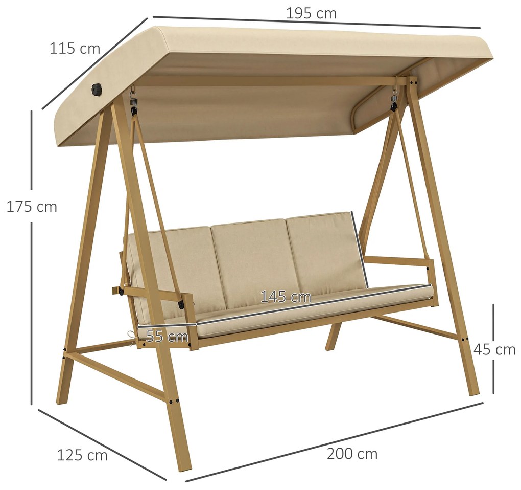 Outsunny Scaun Balansoar de Grădină cu 3 Locuri, Bancă cu Copertină Reglabilă, Perne Detașabile și Cadru din Oțel, 200x125x175 cm, Bej | Aosom Romania