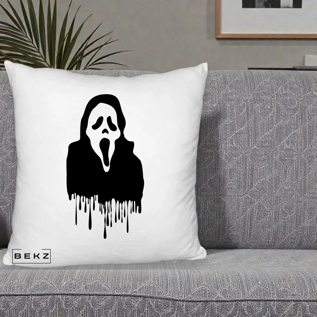 Perna Personalizata Halloween Ghostface Scream Picurand, 40x40 cm, Alb Pufos, Husa Detasabila, Perna Inclusa, BEKZ®