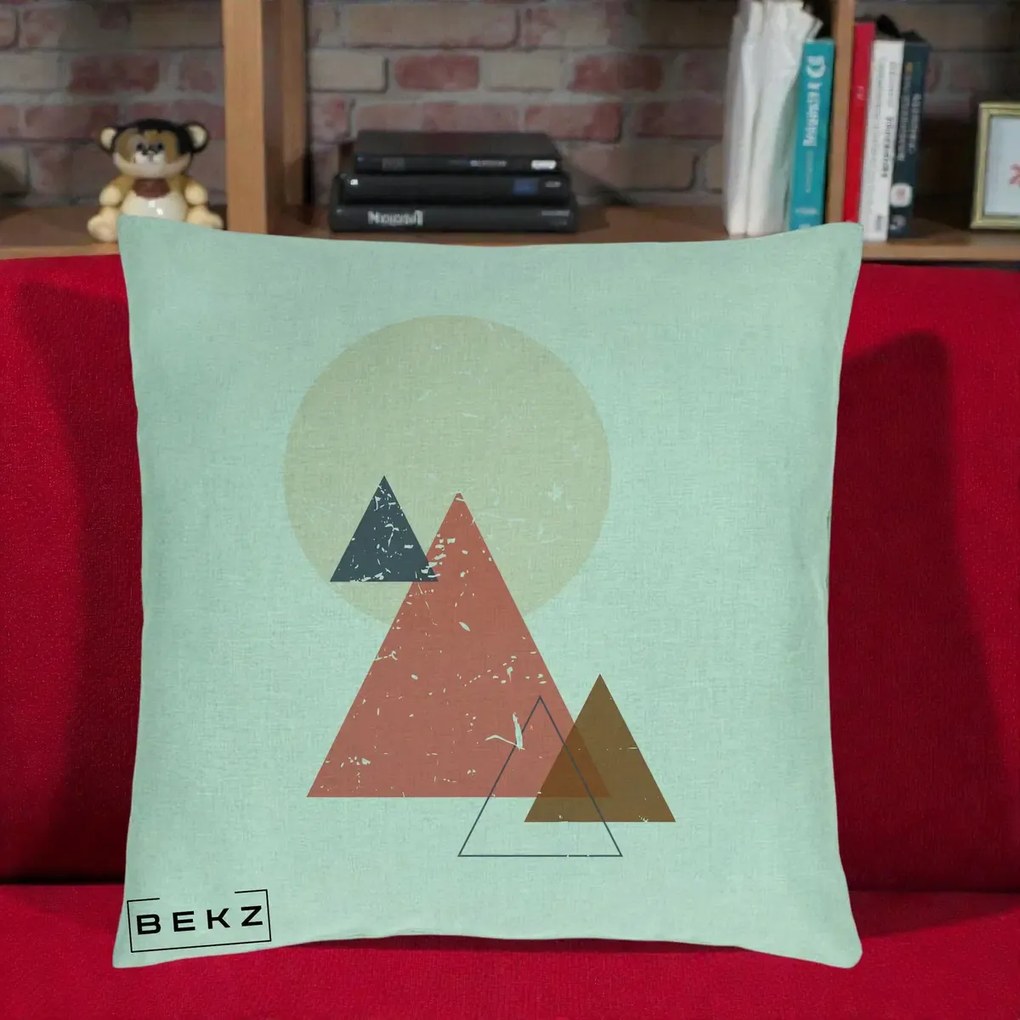 Perna Decorativa Geometric Munti si Soare, 40x40 cm, Verde Menta, Husa Detasabila, Perna Inclusa, BEKZ®