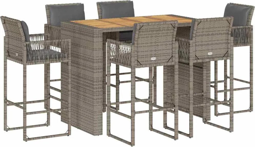 vidaXL Set mobilier bar de grădină cu perne, 7 piese, gri, poliratan