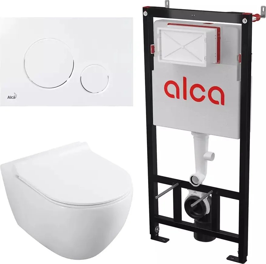 Set rezervor WC cu cadru incastrat Alca AM101/1120 si clapeta M676 alb mat plus vas WC Fluminia Minerva cu capac softclose alb