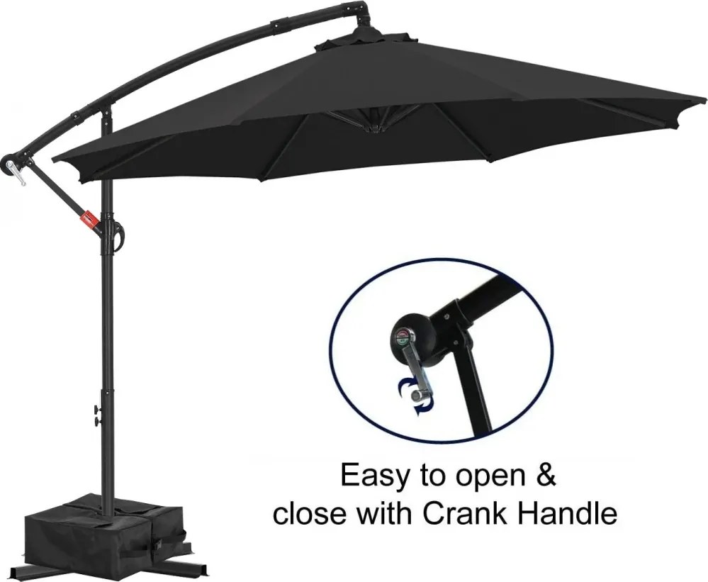 Umbrelă suspendată de grădină, cu braț lateral și manivelă, impermeabilă, protecție UV, bază în cruce inclusă + BONUS sac greutate (weights bag inclus), Negru