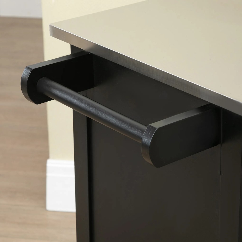 HOMCOM Căruț de servire pentru bucătărie pe roți, multiple spații de depozitare, 1 sertar, dulap cu 2 uși și raft, suport prosop, MDF negru, oțel inoxidabil | Aosom Romania