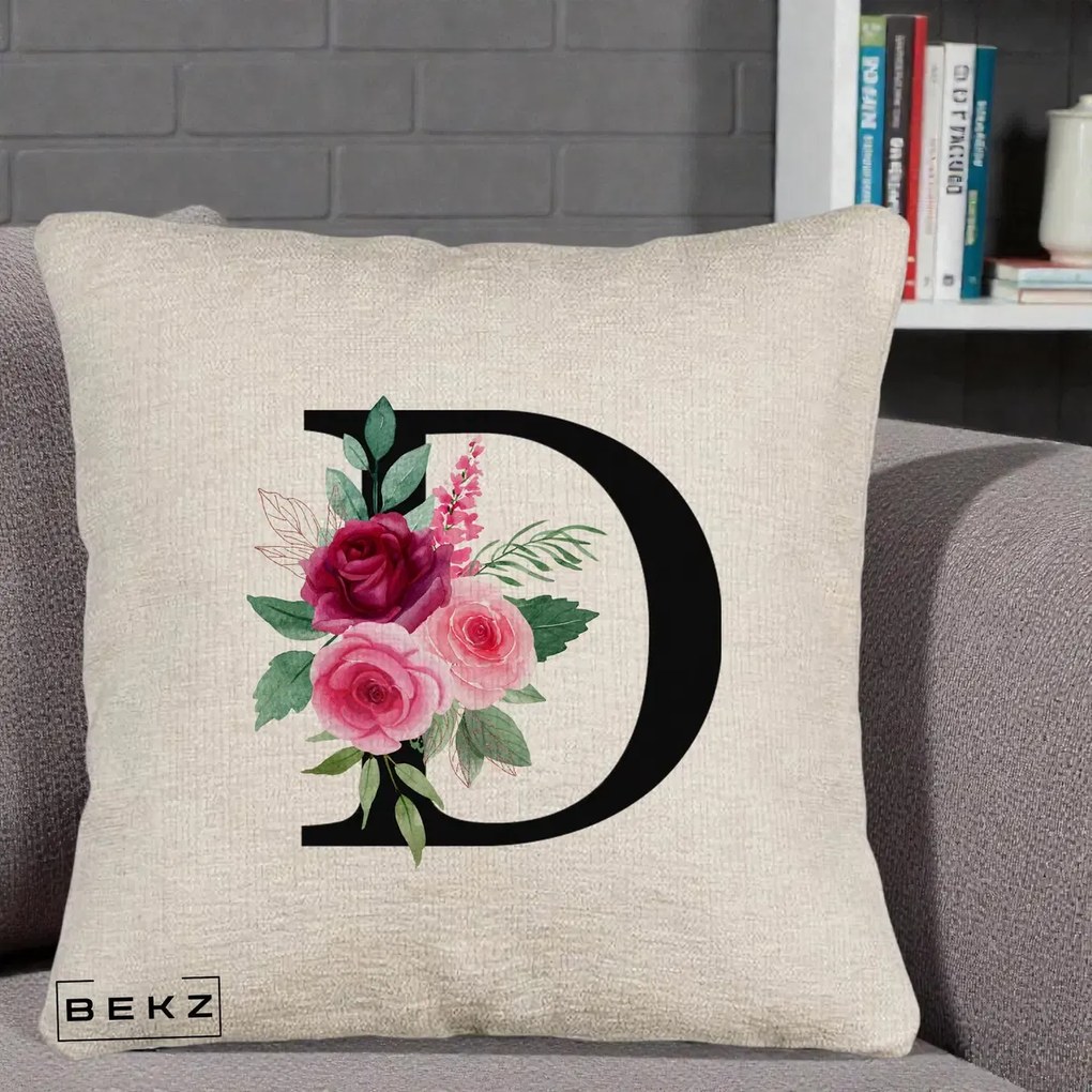 Cadou Personalizat - Perna Personalizata Monograma Florala Litera D, 40x40 cm, Bej Canapea, Husa Detasabila, Perna Inclusa, BEKZ®