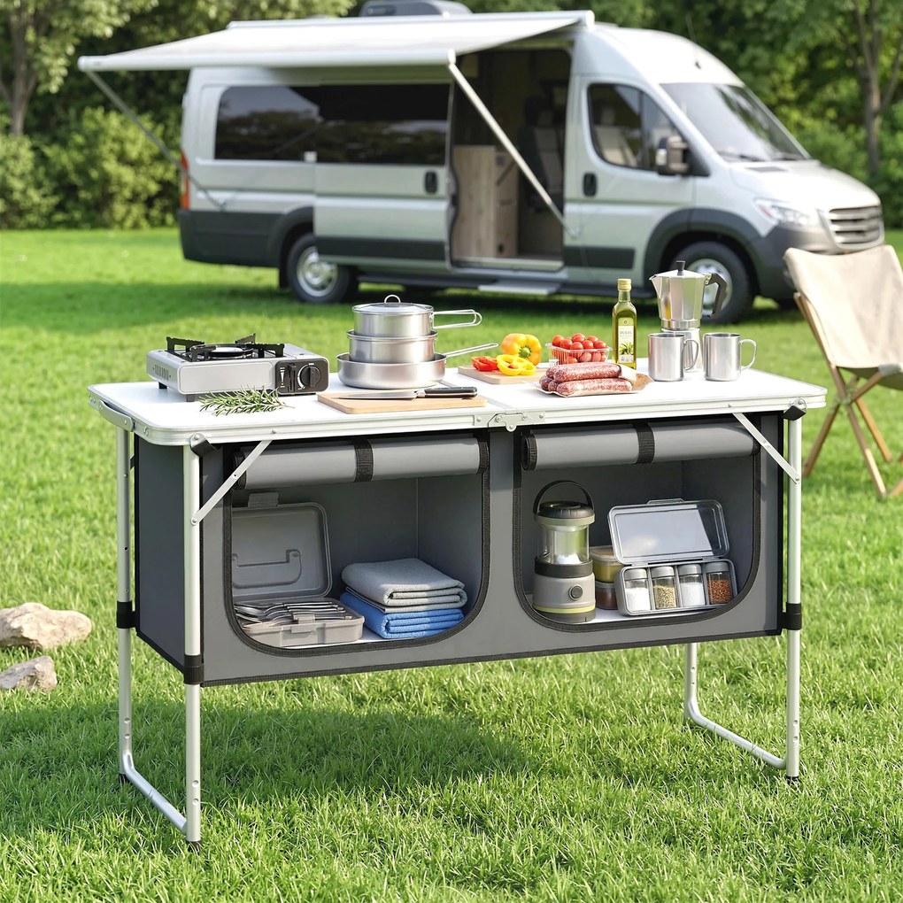 Outsunny Masă de Bucătărie pentru Camping Pliabilă cu Dulap din Material Oxford Cadru din Aluminiu pentru Picnic 120x47x70 cm Argintiu | Aosom Romania
