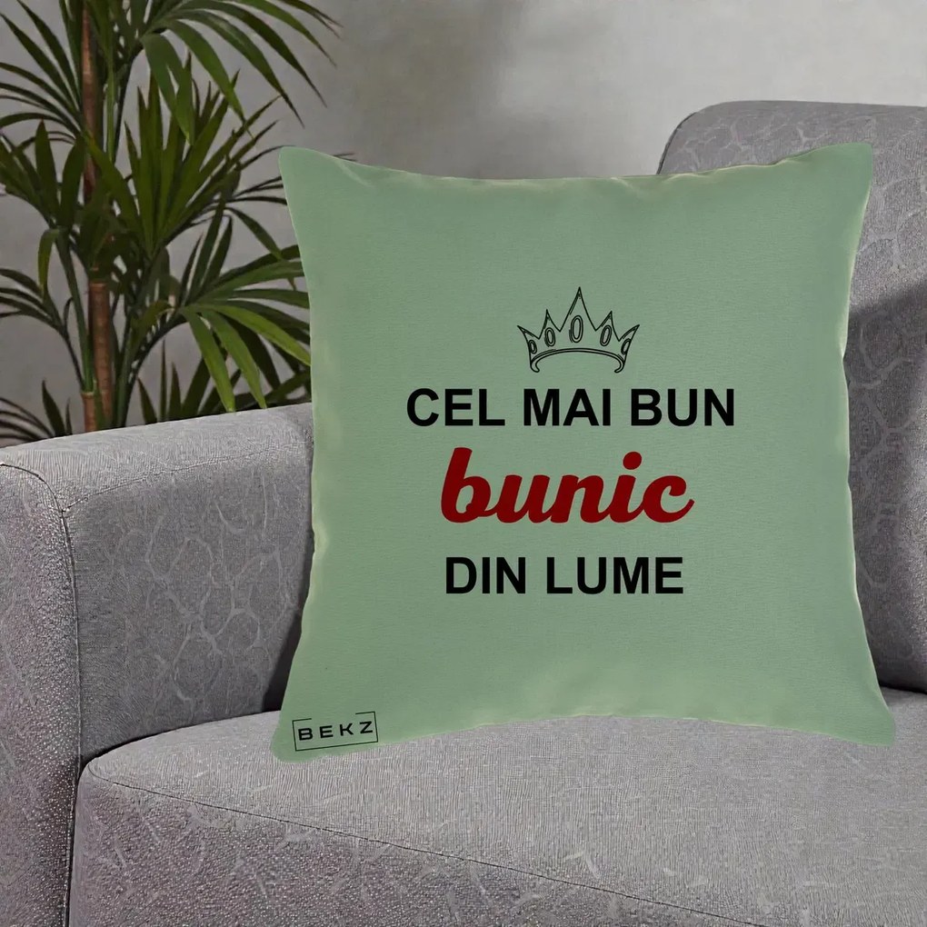 Cadou pentru Bunic - Perna Personalizata Cel Mai Bun Bunic Din Lume Coroana Rosu, 40x40 cm, Verde, Husa Detasabila, Perna Inclusa, BEKZ®