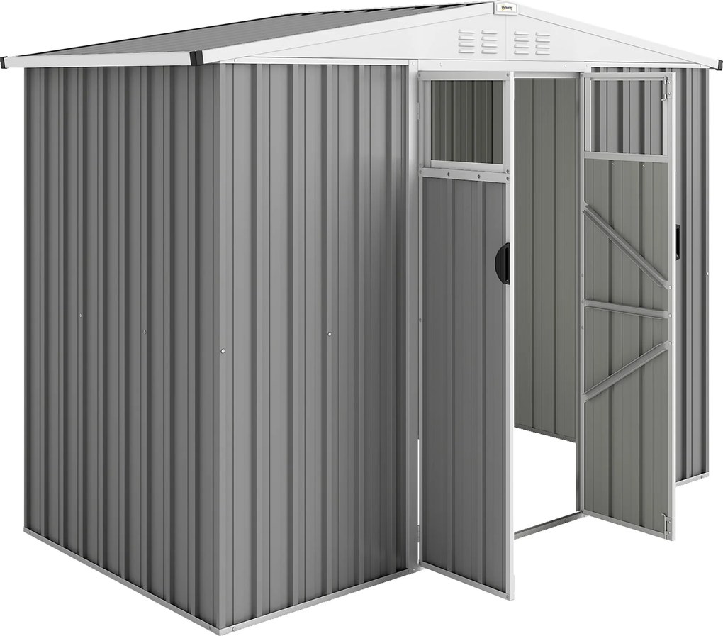 Outsunny Șopron pentru unelte de grădină din oțel zincat cu 2 uși, 246x117x180 cm, Gri deschis | Aosom Romania