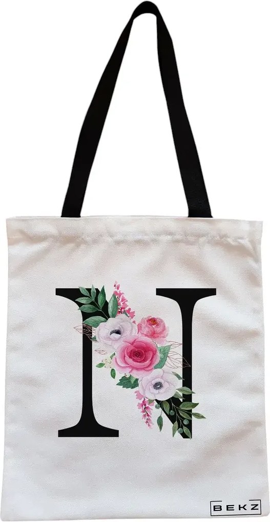 Sacosa de Panza pentru Cumparaturi, Geanta Tote, Cu litera N si Trandafiri, Cu fermoar, 38x34.5 cm, Alba, BEKZ®