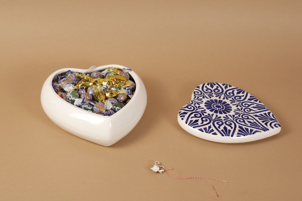 Cutie de depozitare inimioara din ceramică decorativă Tatto Albastru