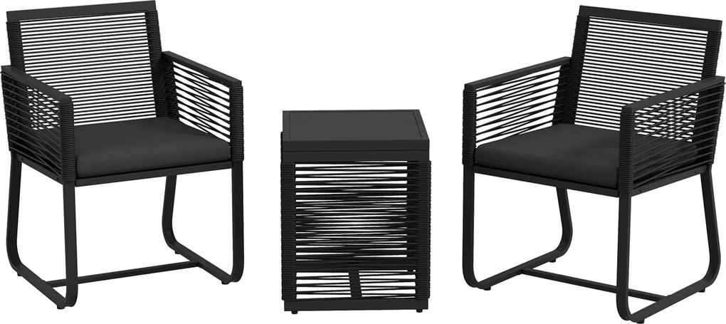 Outsunny Set de Mobilier de Grădină din 3 Piese din Ratan, Set cu Masă din Sticlă Securizată și Perne Moi, 53x57x77 cm, Negru | Aosom Romania
