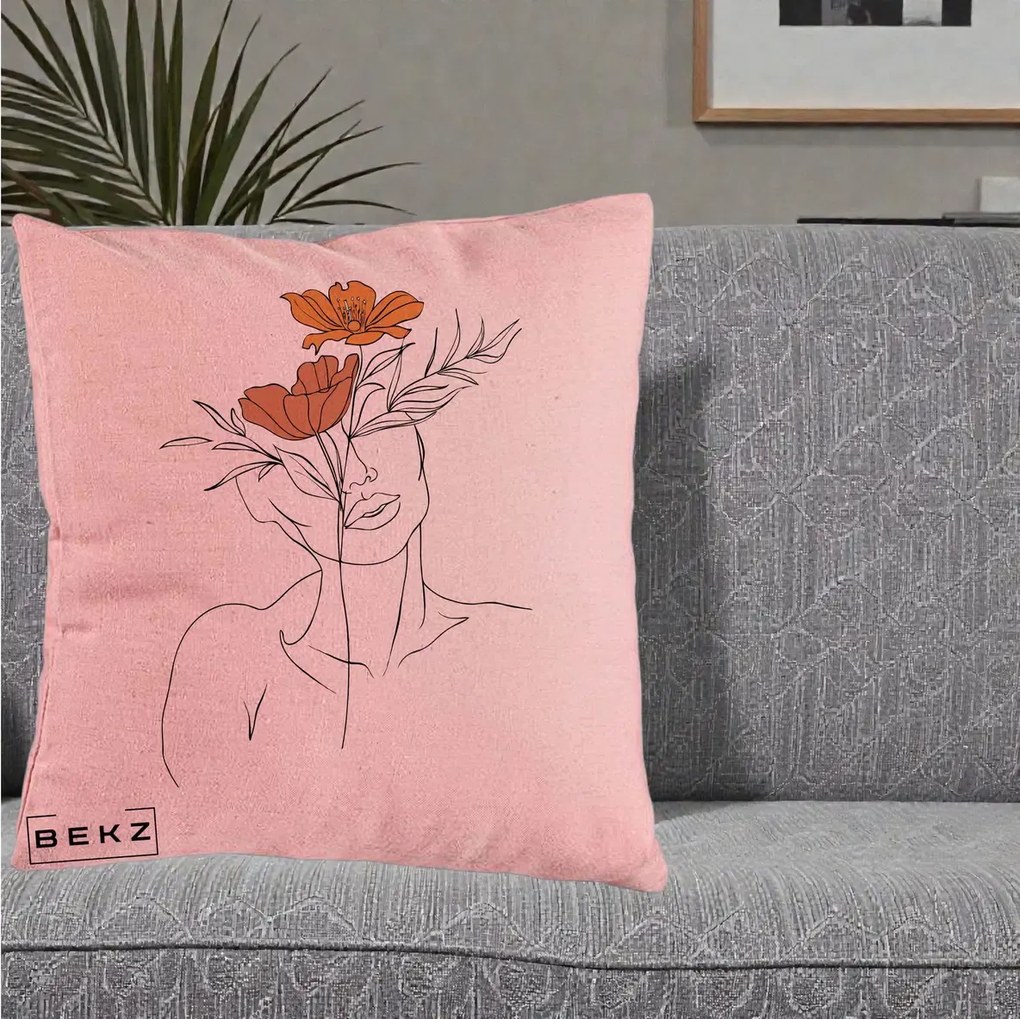 Perna Decorativa Portret Feminin Doua Flori, 40x40 cm, Roz, Husa Detasabila, Perna Inclusa, BEKZ®