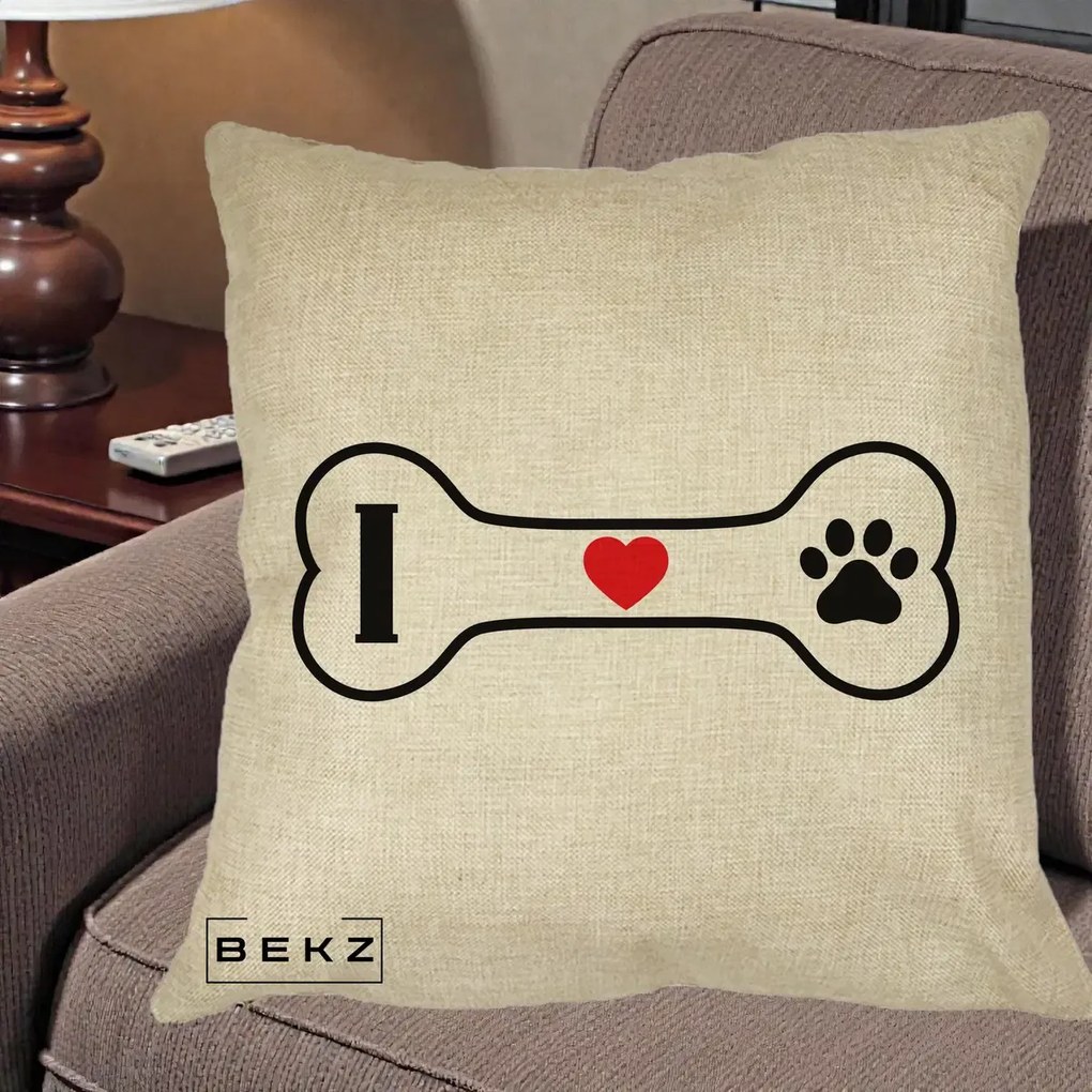 Perna Personalizata I Love Dog Os si Labuta, 40x40 cm, Crem, Husa Detasabila, Perna Inclusa, BEKZ®