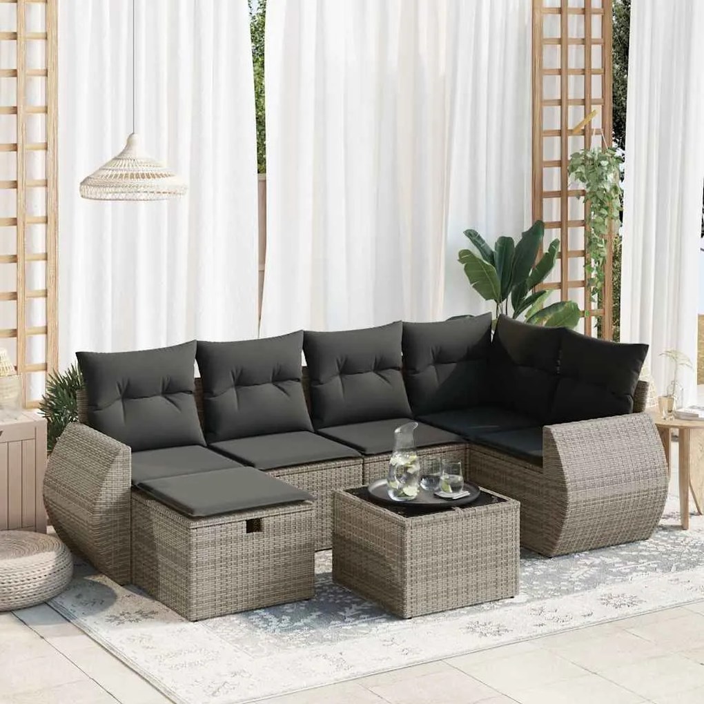 vidaXL Set canapele de grădină, 7 piese, cu perne, gri, poliratan